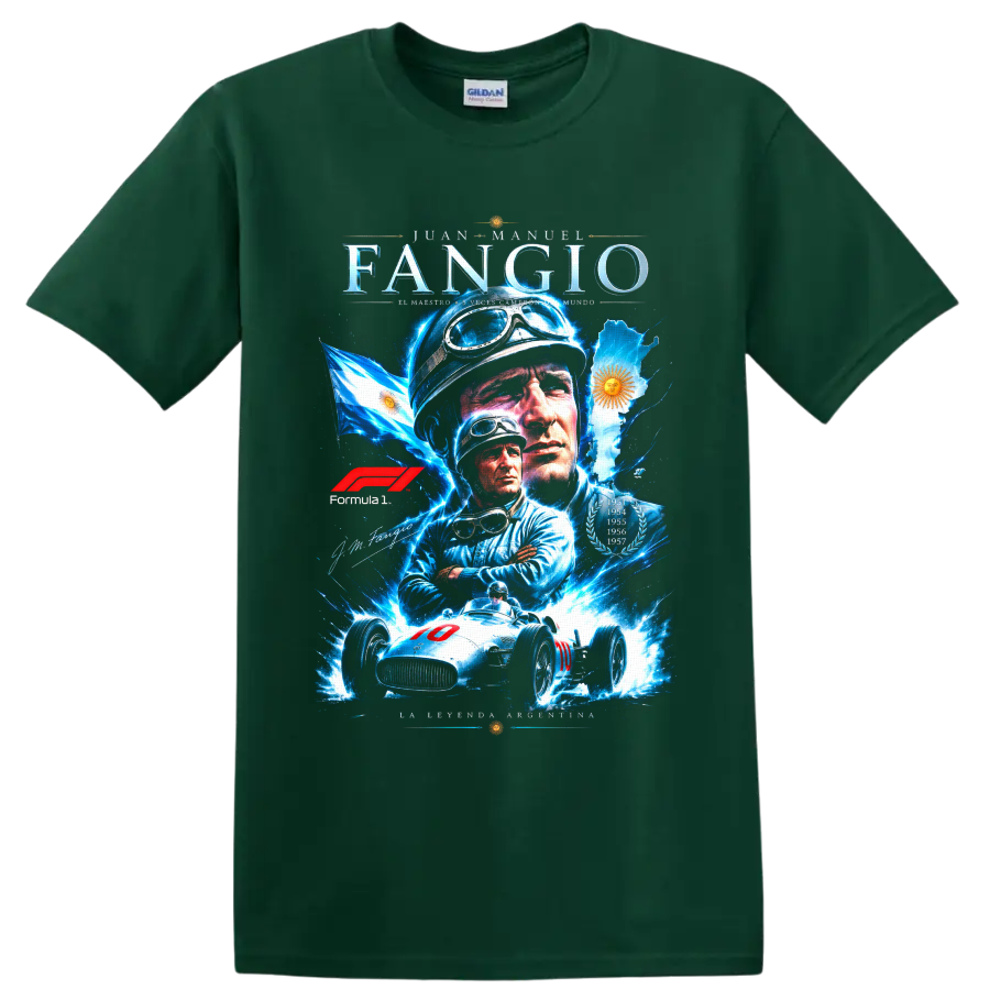 Juan Manuel Fangio portrait collage with vintage race car, Argentina flag, and laurels on a Forest Green T Shirt