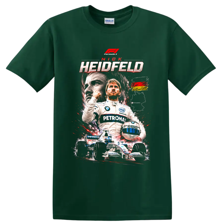Nick Heidfeld BMW Sauber Formula 1 racing poster graphic with helmet and race car on a Forest Green T Shirt