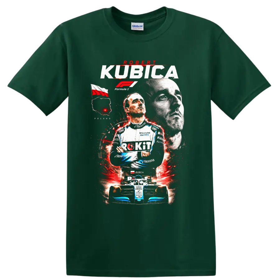 Robert Kubica Williams Racing Formula 1 portrait and race car graphic print on a Forest Green T Shirt