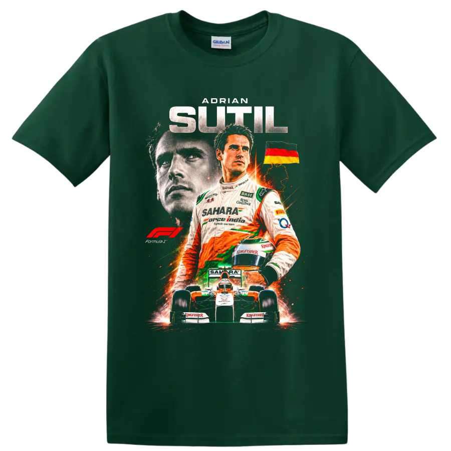 Adrian Sutil Sahara Force India Formula 1 driver collage with German flag and race car on a Forest Green T Shirt