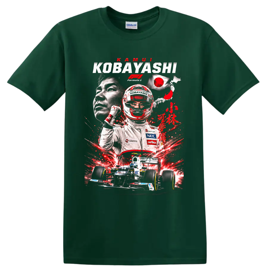 Kamui Kobayashi Sauber Formula 1 collage with helmet, No. 14 car, and Japan flag on a Forest Green T Shirt
