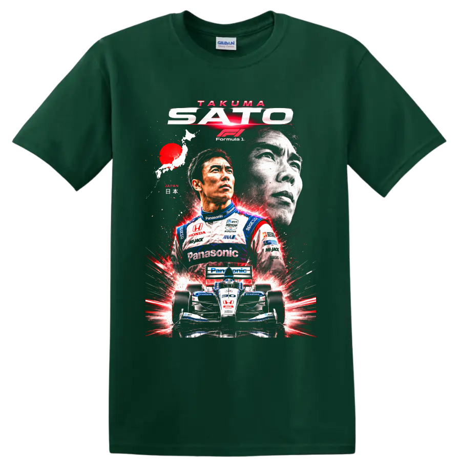 Takuma Sato racing collage with IndyCar number 30 car and Japanese map graphic on a Forest Green T Shirt