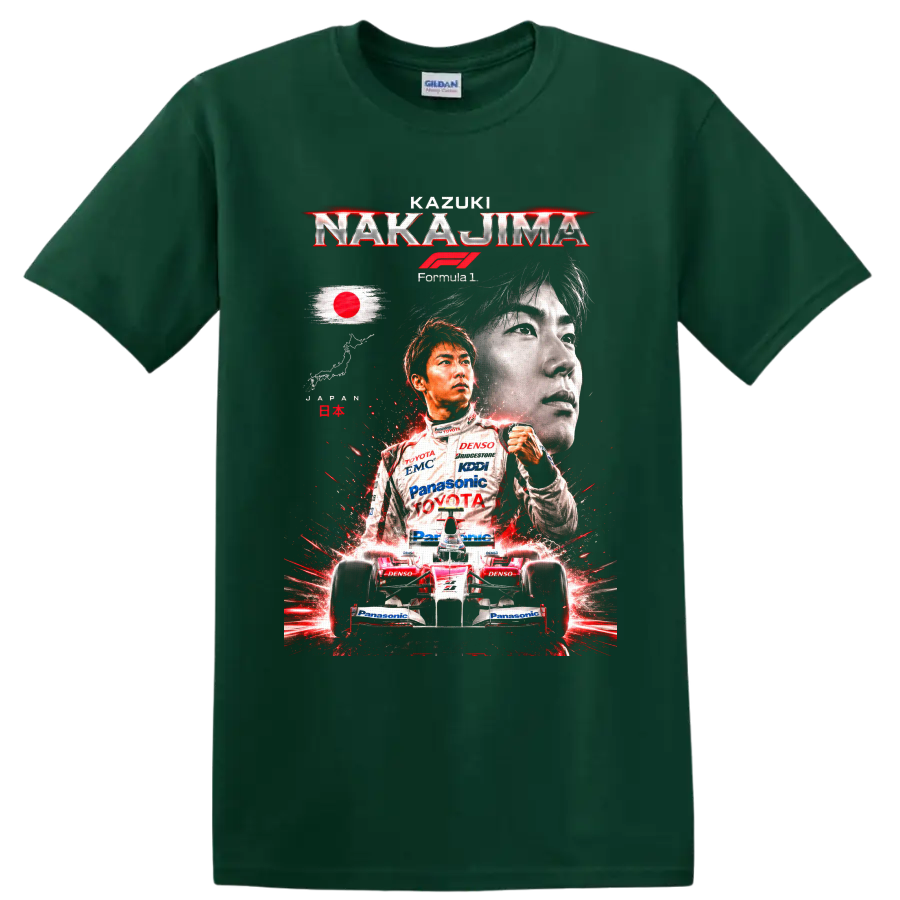 Kazuki Nakajima Toyota Formula 1 portrait and race car graphic with Japanese flag on a Forest Green T Shirt