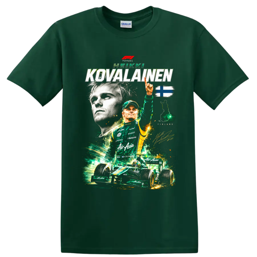 Heikki Kovalainen Formula 1 collage with green race car, Finland flag, and signature on a Forest Green T Shirt