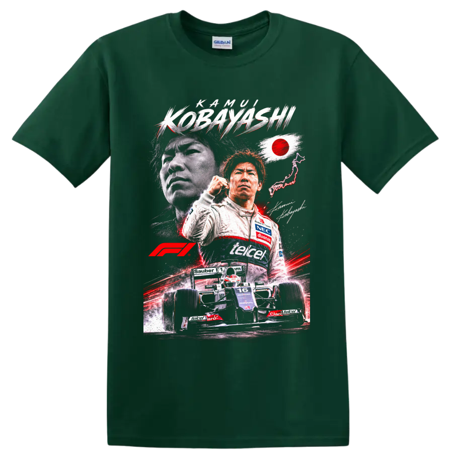Kamui Kobayashi Sauber Formula 1 portrait and number 16 race car graphic on a Forest Green T Shirt