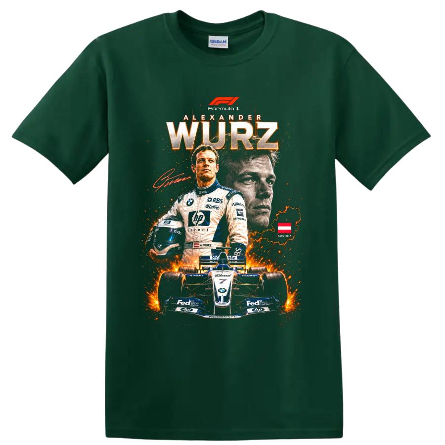 Alexander Wurz Williams Formula 1 racing collage with helmet, car, and Austria map on a Forest Green T Shirt