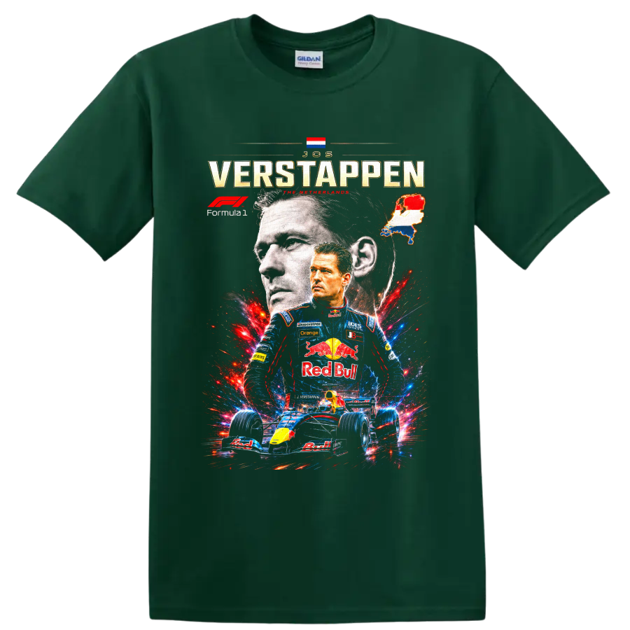 Jos Verstappen Formula 1 collage with portrait, Dutch map, and open-wheel race car on a Forest Green T Shirt