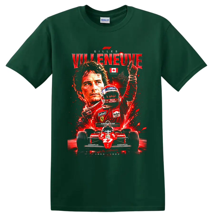 Gilles Villeneuve Ferrari number 27 Formula 1 racing tribute collage on a Forest Green T Shirt