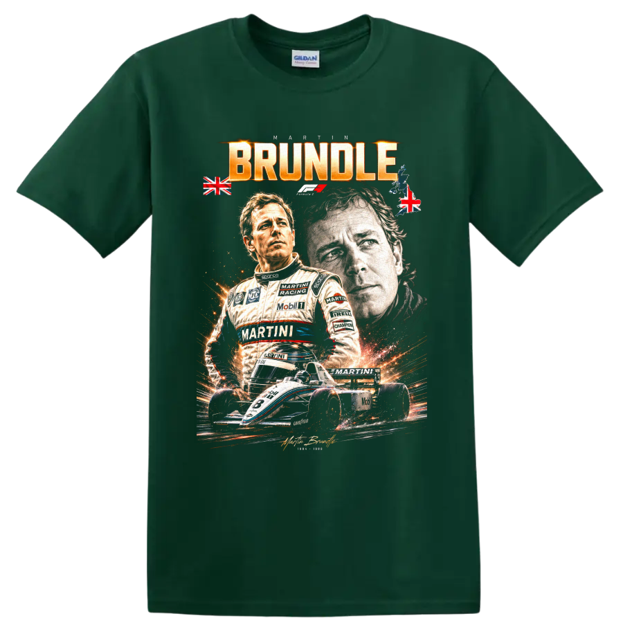 Dramatic Martin Brundle racing portrait collage with open-wheel car and BRUNDLE text on a Forest Green T Shirt