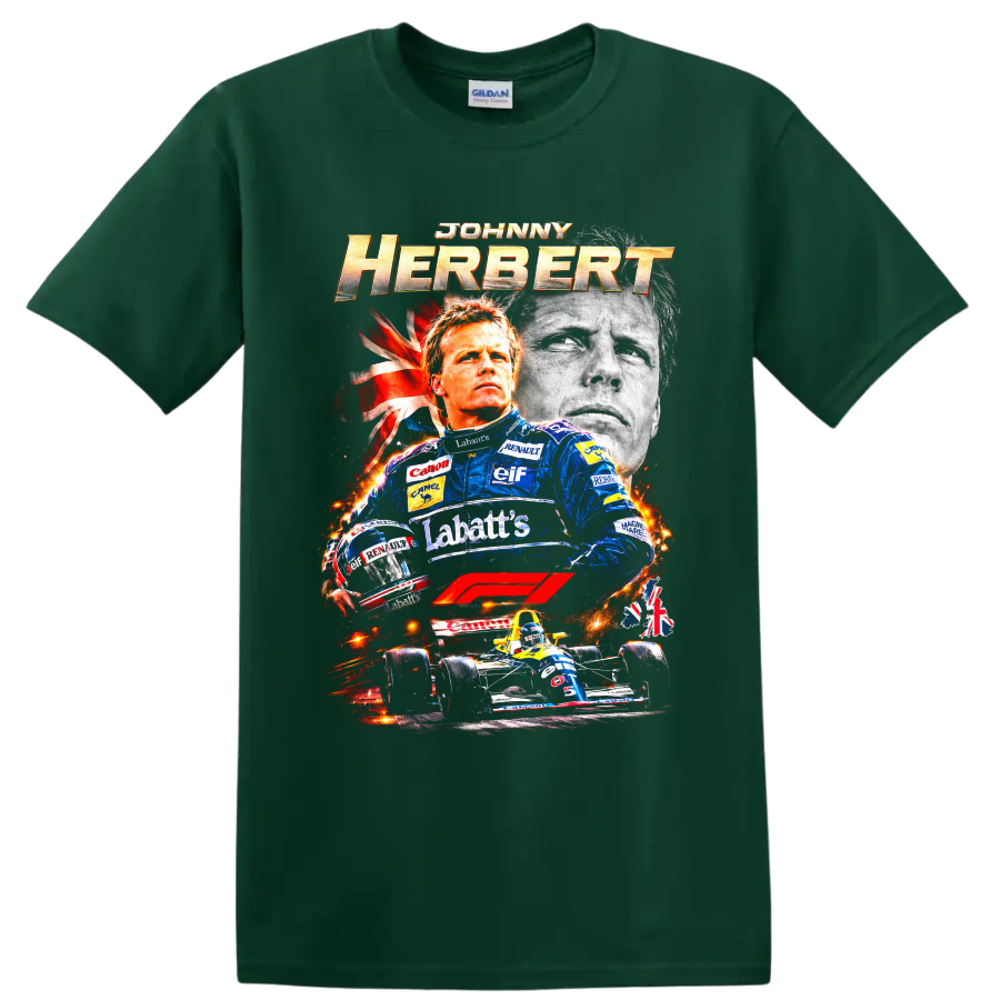 Johnny Herbert Formula 1 racing collage with Lotus suit, helmet, portrait, and race car on a Forest Green T Shirt