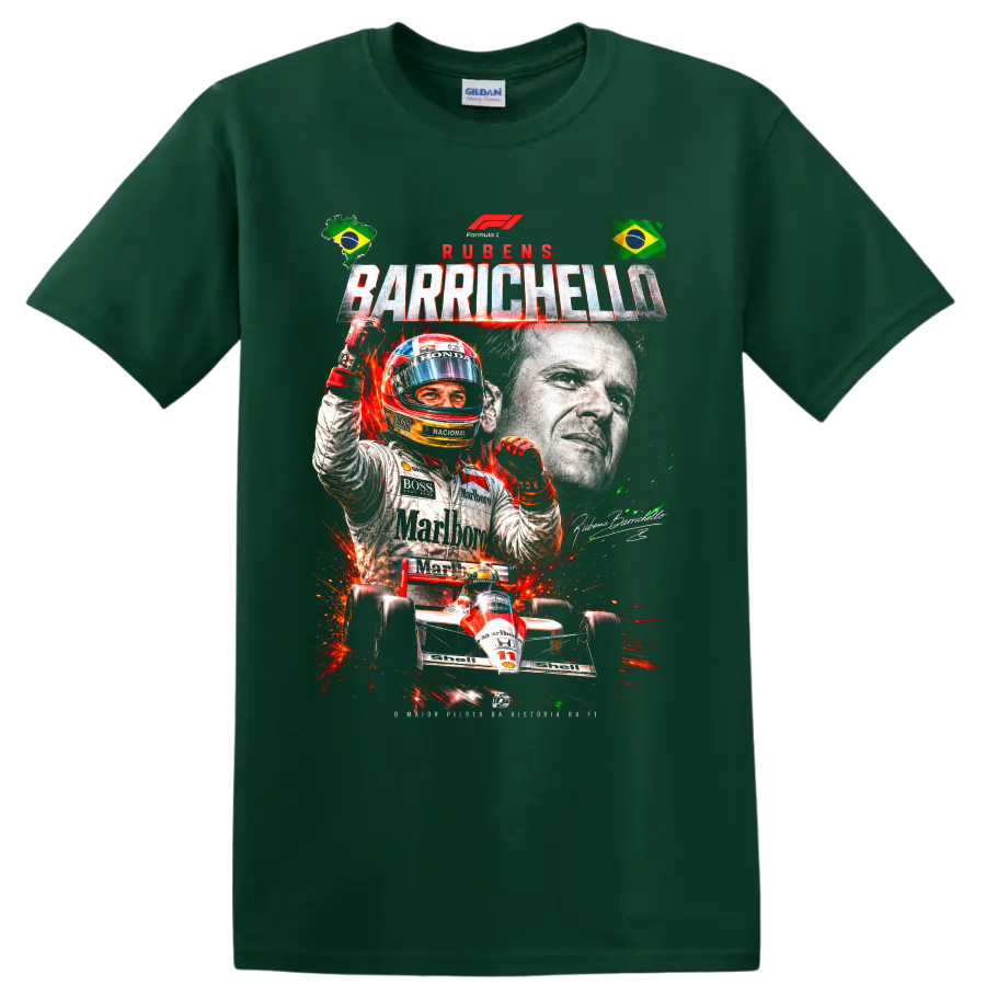 Rubens Barrichello racing collage with Brazilian flags, helmeted driver, and number 11 car on a Forest Green T Shirt