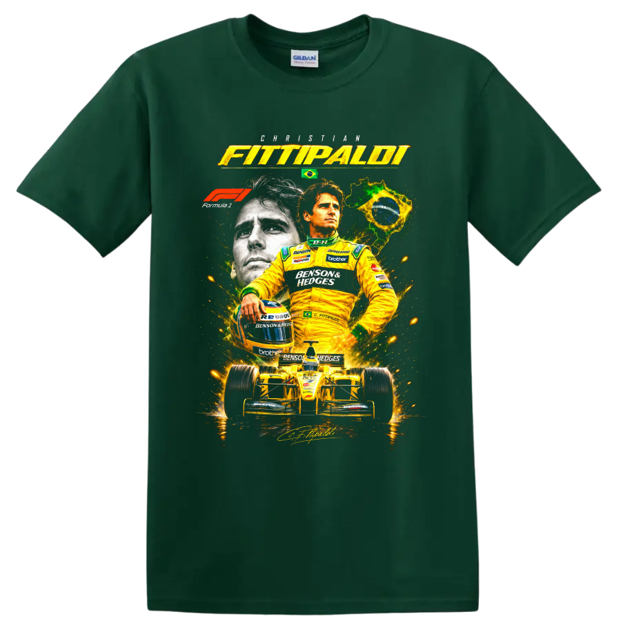 Christian Fittipaldi portrait with yellow open-wheel race car and Brazil-inspired graphics on a Forest Green T Shirt
