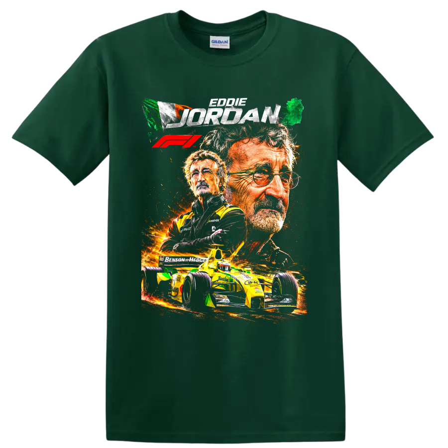 Eddie Jordan portrait collage with Irish flag, fiery Jordan Grand Prix race car, and F1 on a Forest Green T Shirt