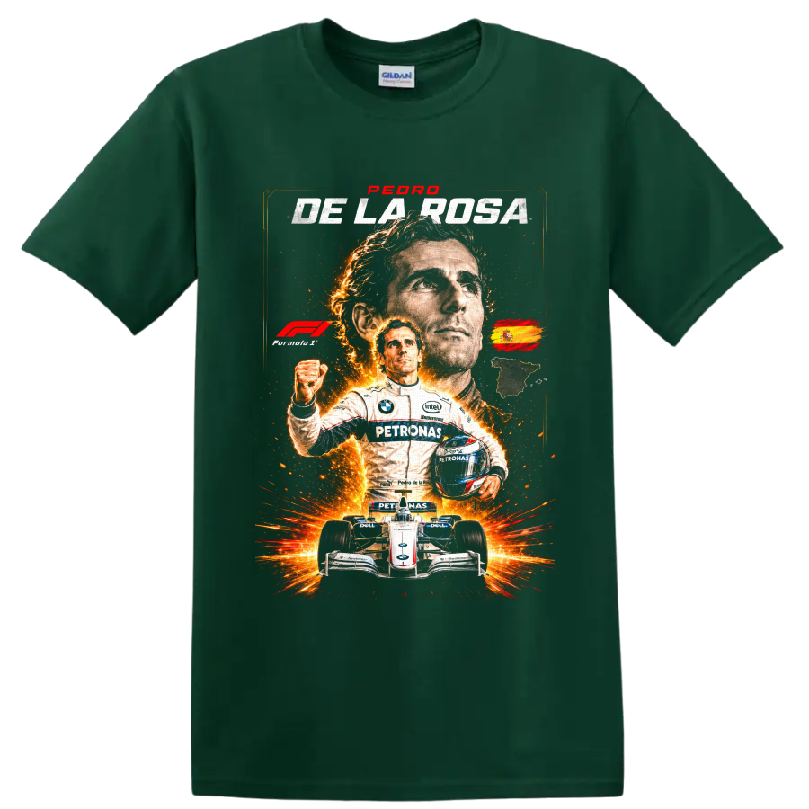 Pedro de la Rosa Formula 1 racing collage with BMW Sauber car, helmet, and fiery sparks on a Forest Green T Shirt