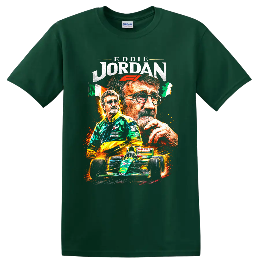 Eddie Jordan portraits with Formula 1 logo, Irish flag, and green number 32 race car on a Forest Green T Shirt