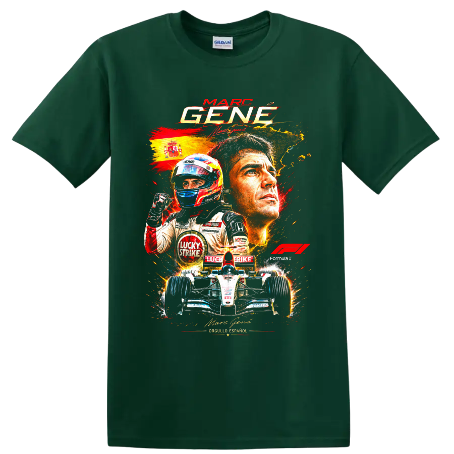 Marc Gene Formula 1 driver collage with Spanish flag, helmeted racer, and open-wheel car on a Forest Green T Shirt