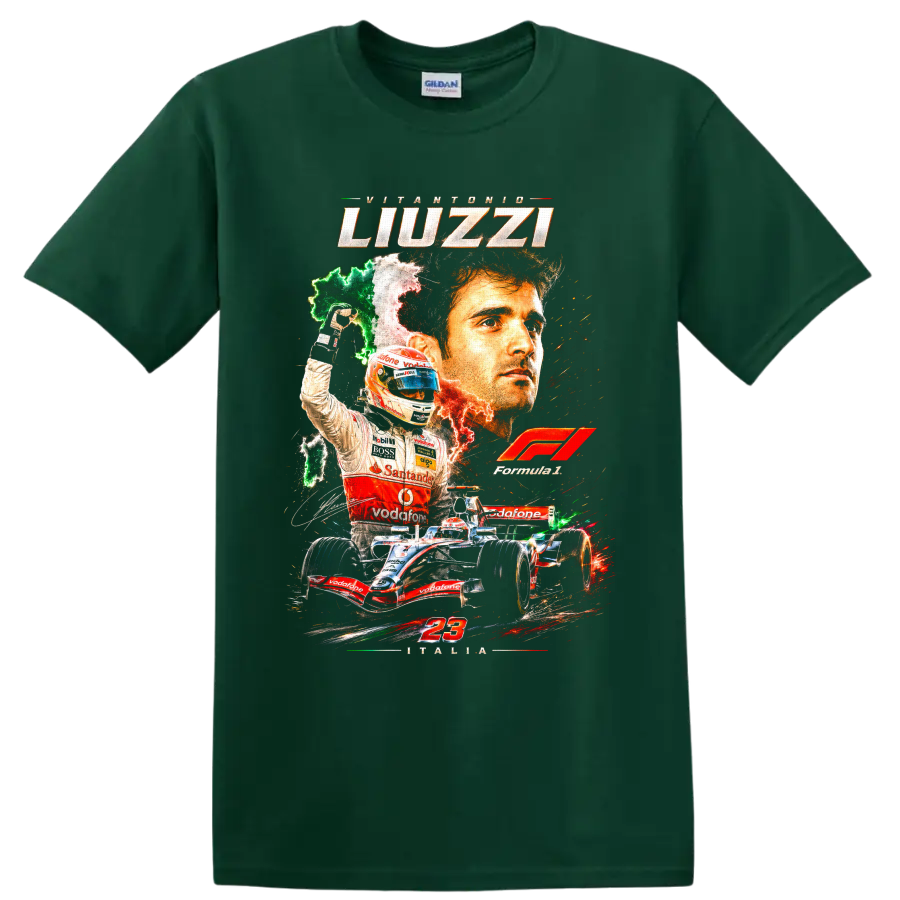 Vitantonio Liuzzi Formula 1 racing collage with Italy colors, number 23, and open-wheel on a Forest Green T Shirt