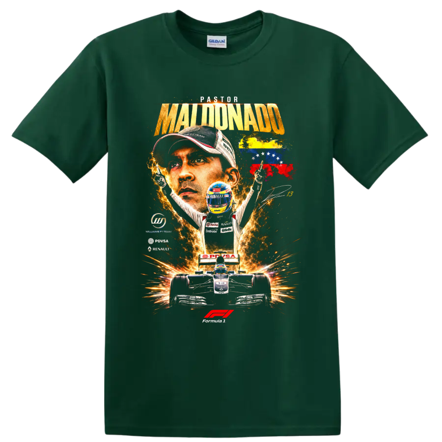 Pastor Maldonado Formula 1 portrait with Williams Renault car and Venezuelan flag artwork on a Forest Green T Shirt