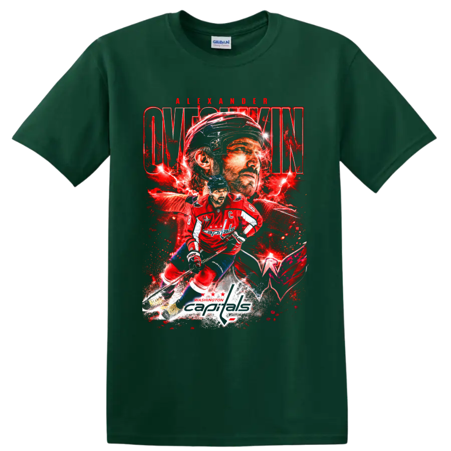 Alexander Ovechkin Washington Capitals red lightning hockey collage graphic on a Forest Green T Shirt