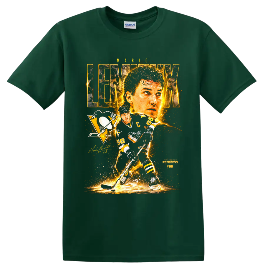 Mario Lemieux Pittsburgh Penguins No. 66 gold hockey collage graphic on a Forest Green T Shirt