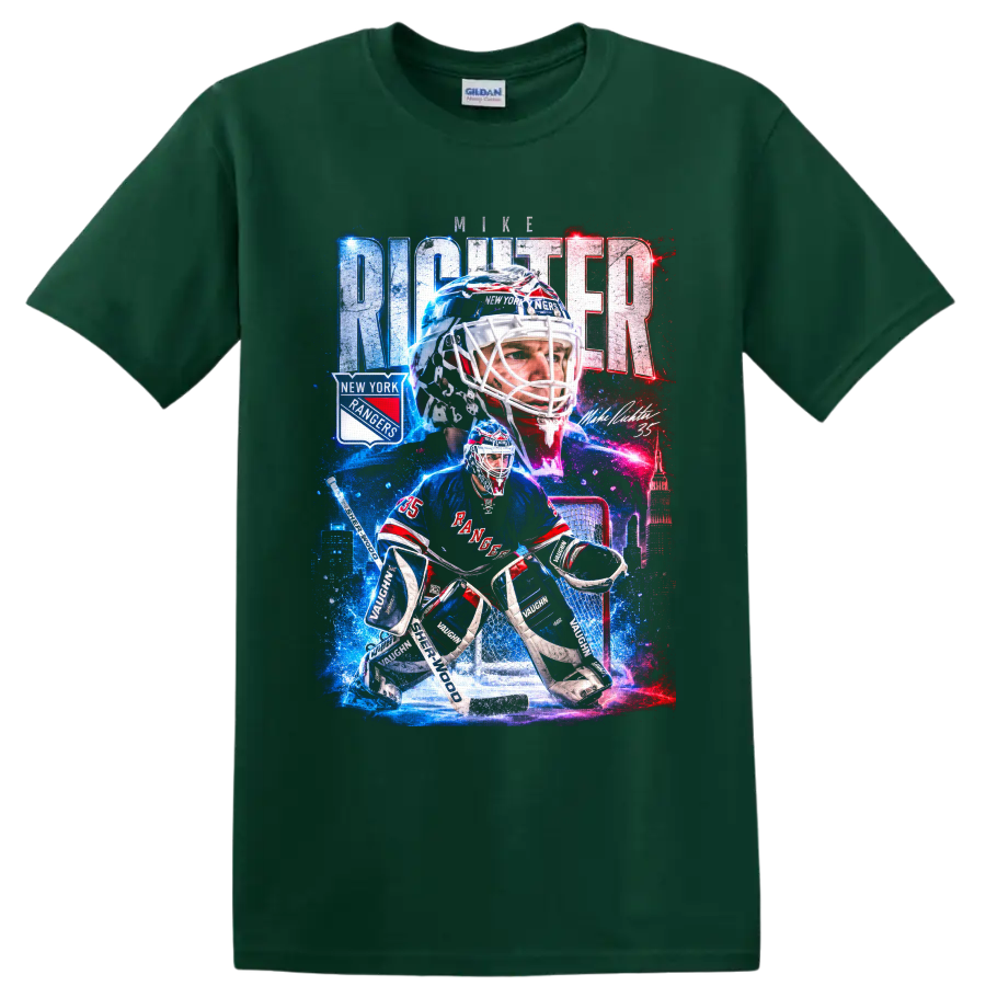 Mike Richter New York Rangers goalie collage with bold city skyline and hockey graphics on a Forest Green T Shirt