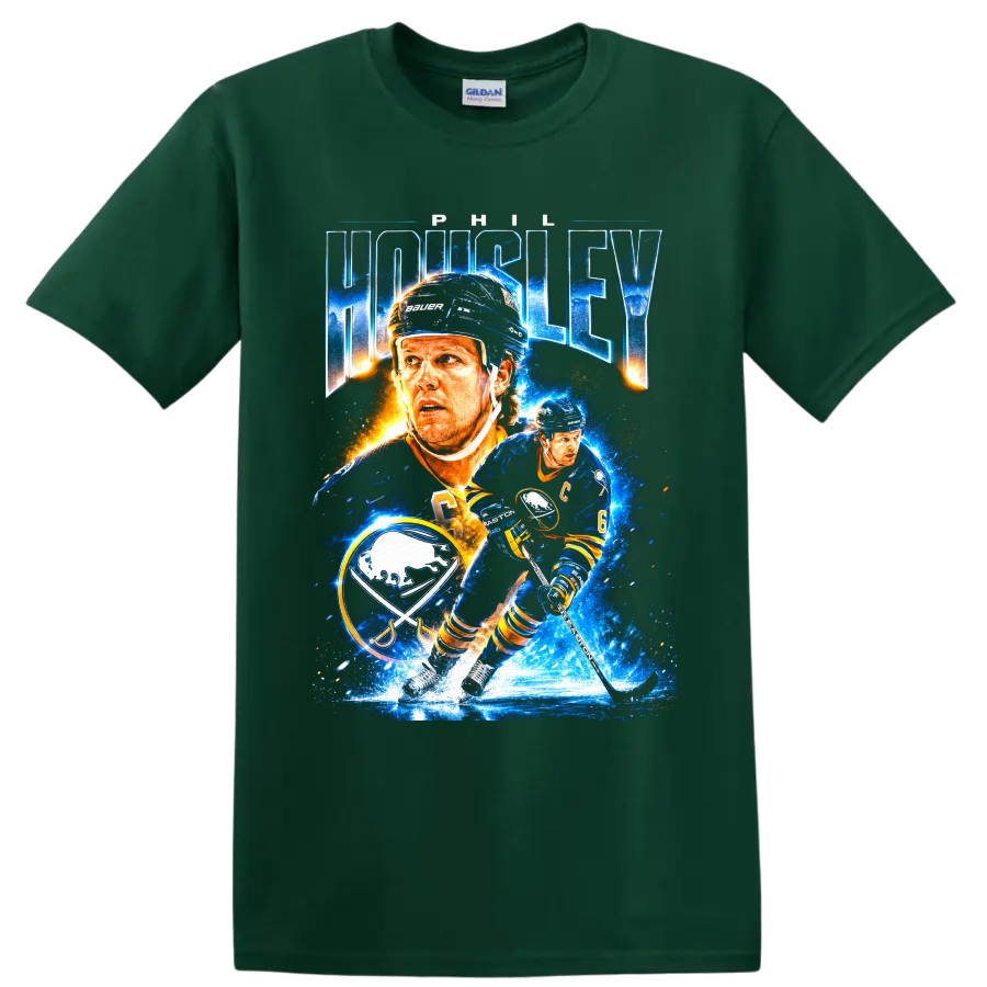 Phil Housley Buffalo Sabres hockey collage with bold name text and number 6 on a Forest Green T Shirt