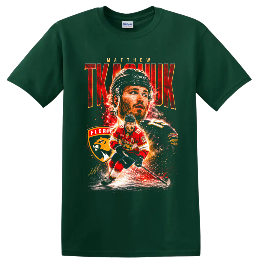 Matthew Tkachuk Florida Panthers hockey collage with bold red lettering and fiery effects on a Forest Green T Shirt