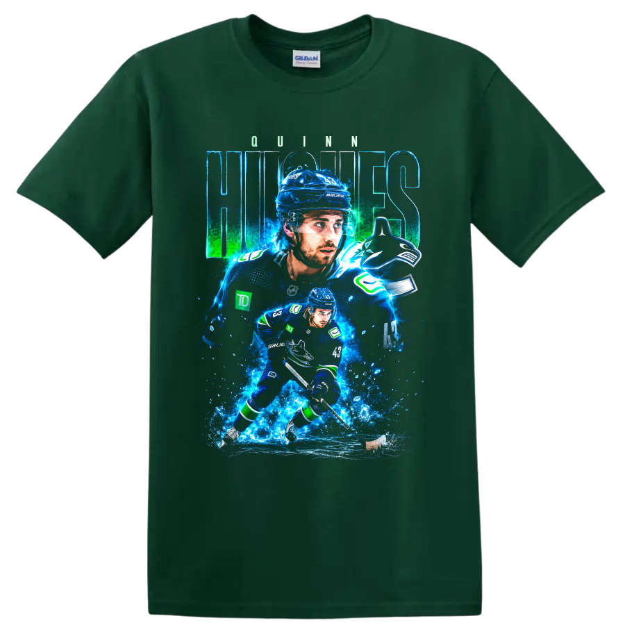 Quinn Hughes Vancouver Canucks hockey player collage with electric blue ice effects on a Forest Green T Shirt
