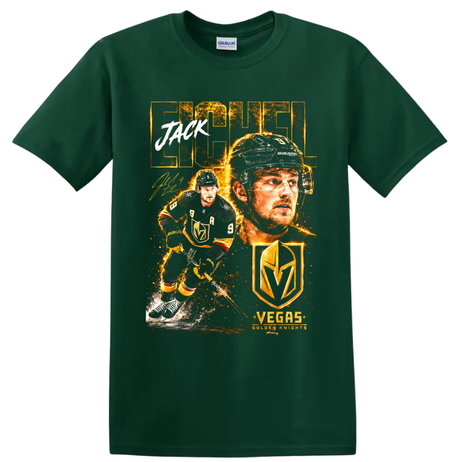 Jack Eichel Vegas Golden Knights fiery gold hockey portrait and action graphic on a Forest Green T Shirt