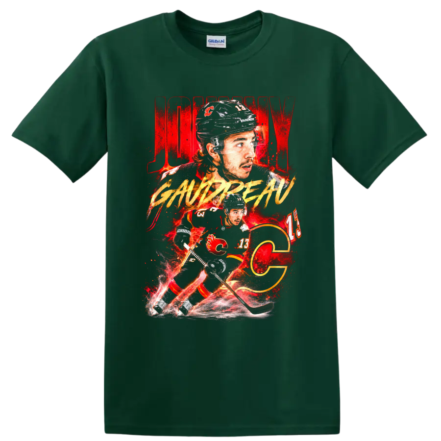 Johnny Gaudreau Calgary Flames hockey player portrait and skating action graphic on a Forest Green T Shirt