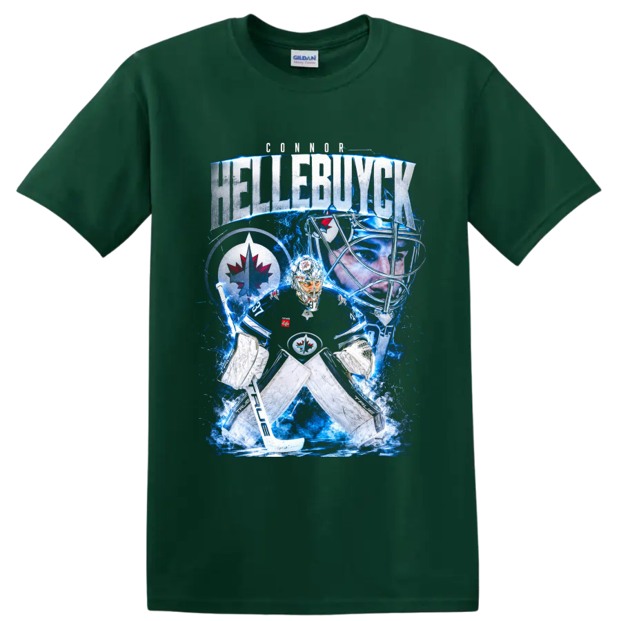 Connor Hellebuyck Winnipeg Jets goaltender blue ice collage graphic on a Forest Green T Shirt