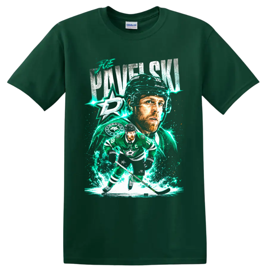 Joe Pavelski Dallas Stars hockey portrait and skating graphic with electric ice effects on a Forest Green T Shirt