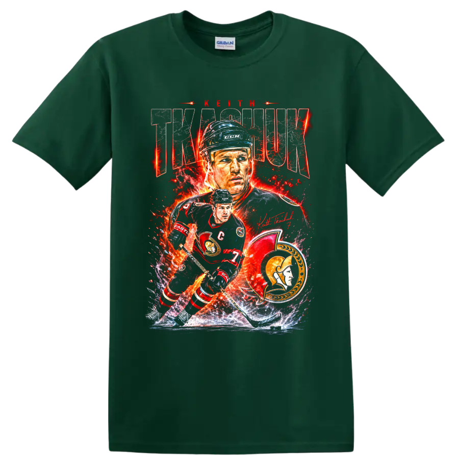 Keith Tkachuk Ottawa Senators hockey portrait and fiery action collage with number 7 on a Forest Green T Shirt