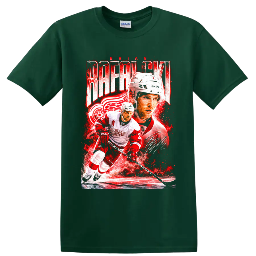 Brian Rafalski Detroit Red Wings action collage with BRIAN RAFALSKI text and signature on a Forest Green T Shirt