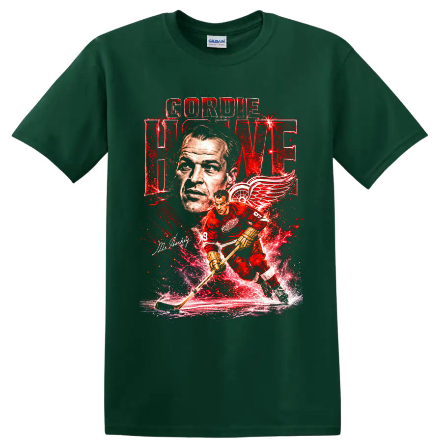 Gordie Howe Detroit Red Wings vintage hockey portrait and action graphic with Mr Hockey on a Forest Green T Shirt