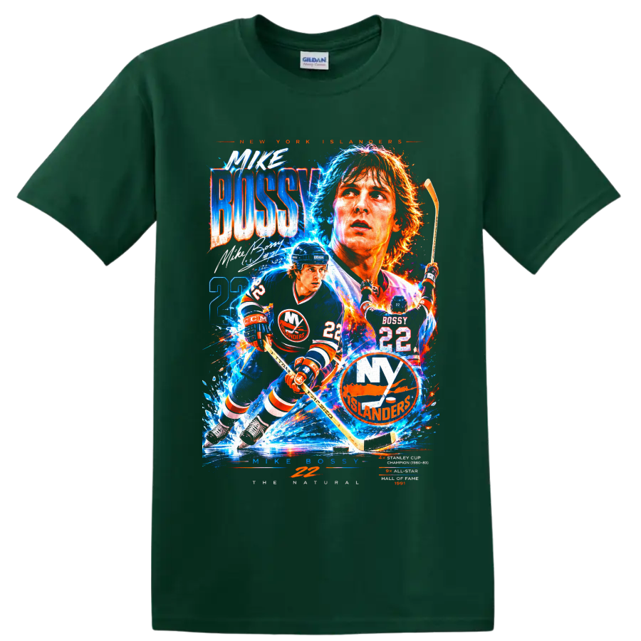 Mike Bossy New York Islanders electric hockey collage with number 22 on a Forest Green T Shirt