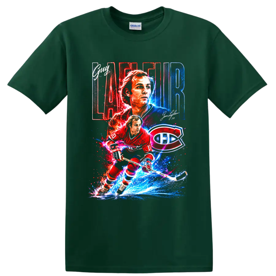 Guy Lafleur Montreal Canadiens hockey collage with number 10 and team logo on a Forest Green T Shirt