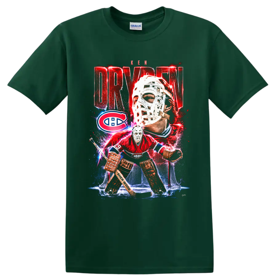 Ken Dryden Montreal Canadiens goalie collage with mask, net, and bold red lettering on a Forest Green T Shirt