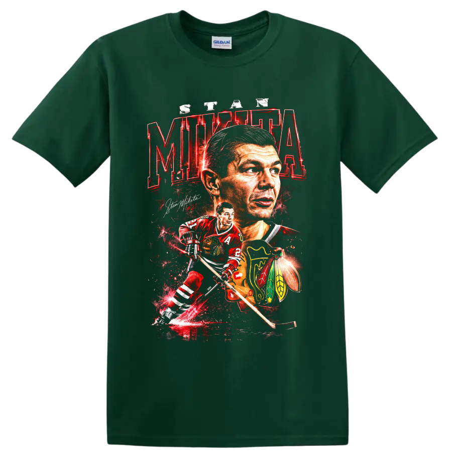 Stan Mikita #21 Chicago Blackhawks hockey portrait and action graphic print on a Forest Green T Shirt