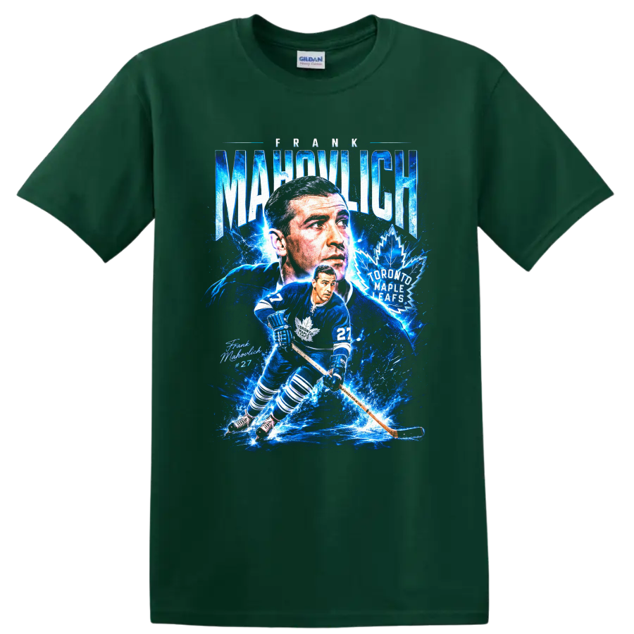 Frank Mahovlich Toronto Maple Leafs number 27 electric blue hockey collage graphic on a Forest Green T Shirt