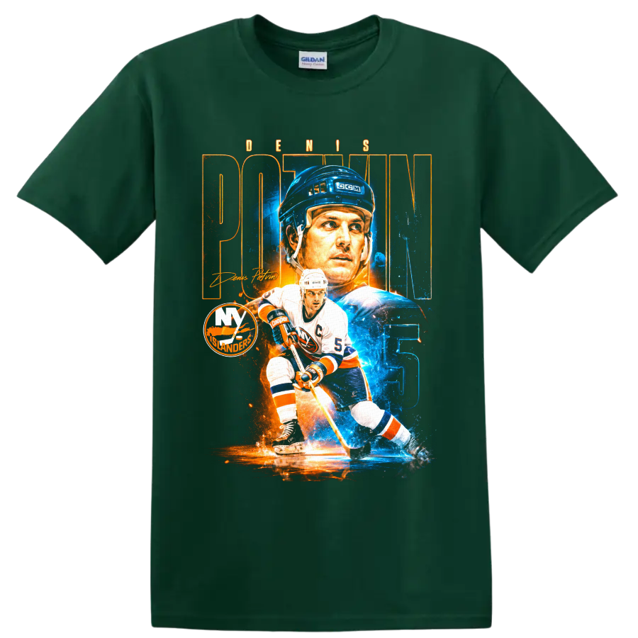 Denis Potvin New York Islanders number 5 hockey portrait and skating graphic print on a Forest Green T Shirt