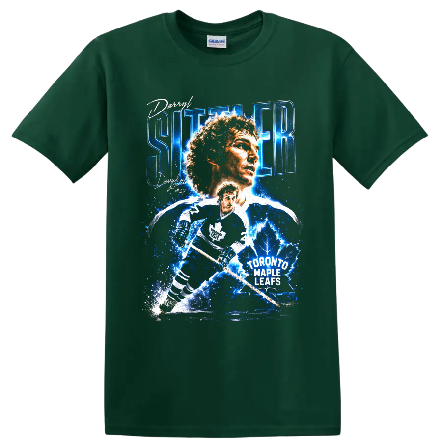 Darryl Sittler Toronto Maple Leafs hockey portrait and action graphic with number 27 on a Forest Green T Shirt