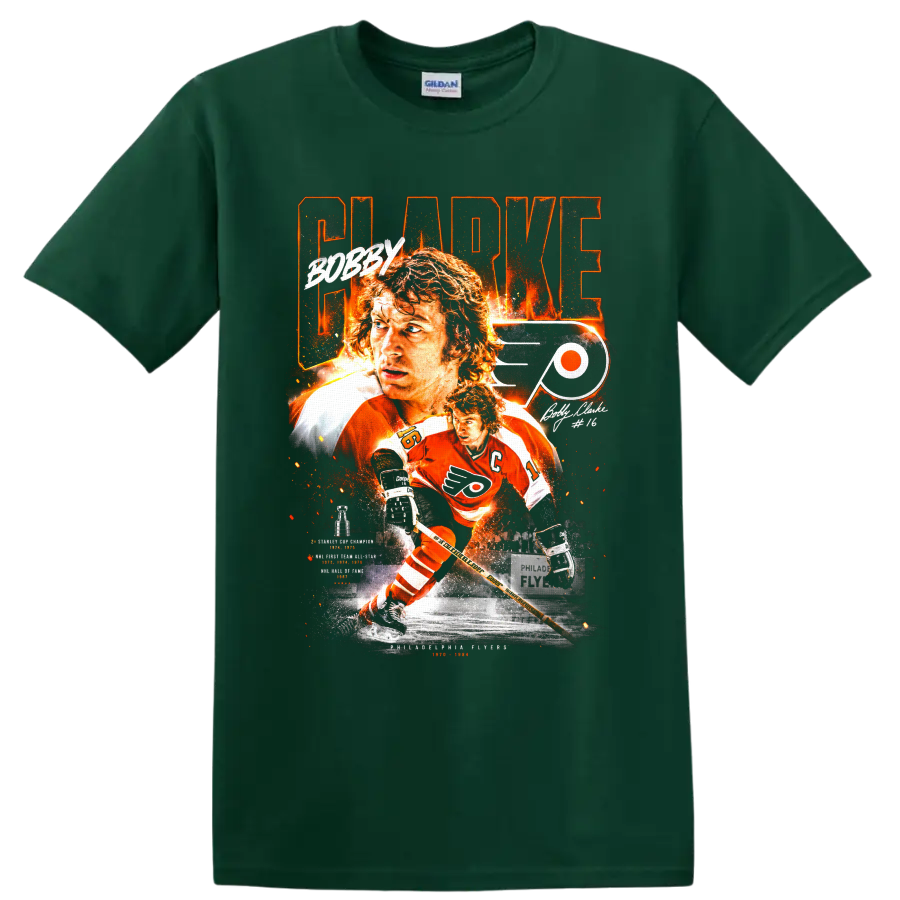 Bobby Clarke Philadelphia Flyers No. 16 vintage hockey tribute graphic on a Forest Green T Shirt