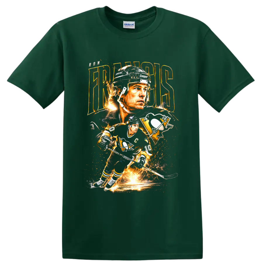 Ron Francis Pittsburgh Penguins hockey portrait and action graphic with gold lightning on a Forest Green T Shirt