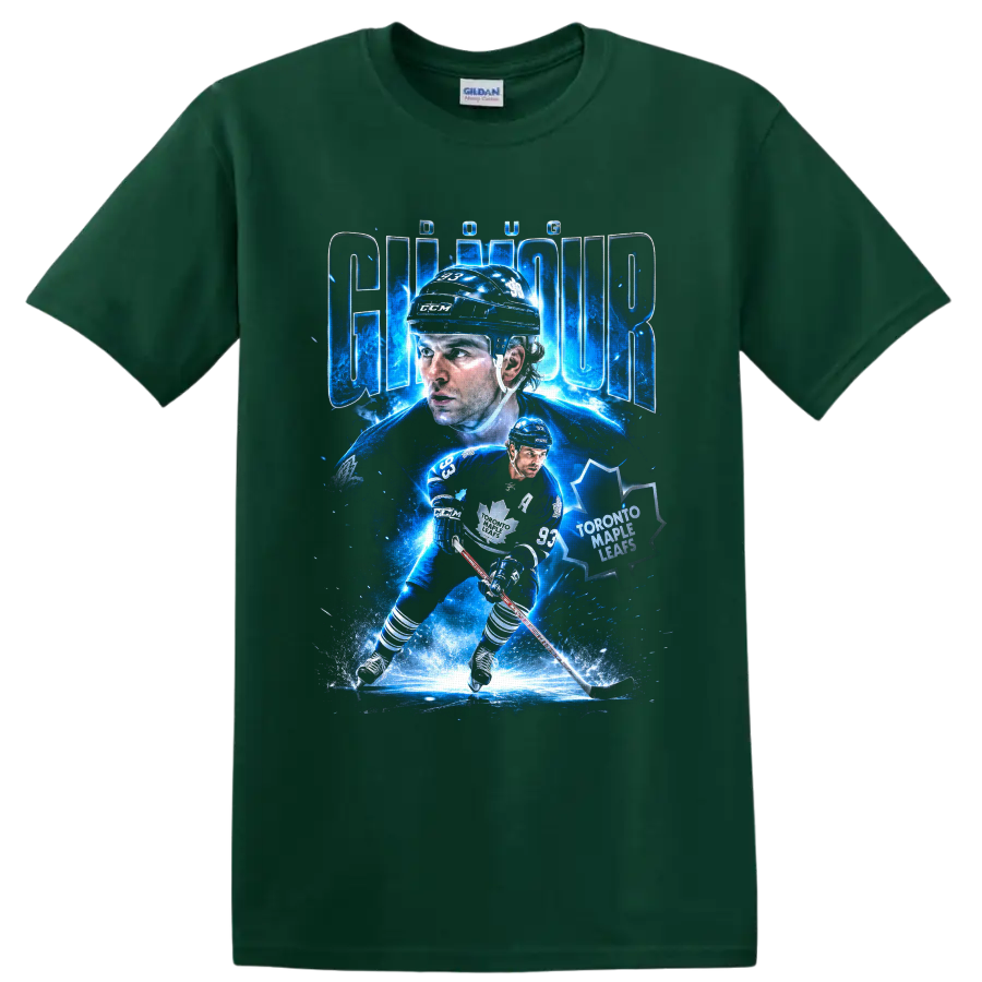 Doug Gilmour Toronto Maple Leafs hockey collage with electric blue action art on a Forest Green T Shirt