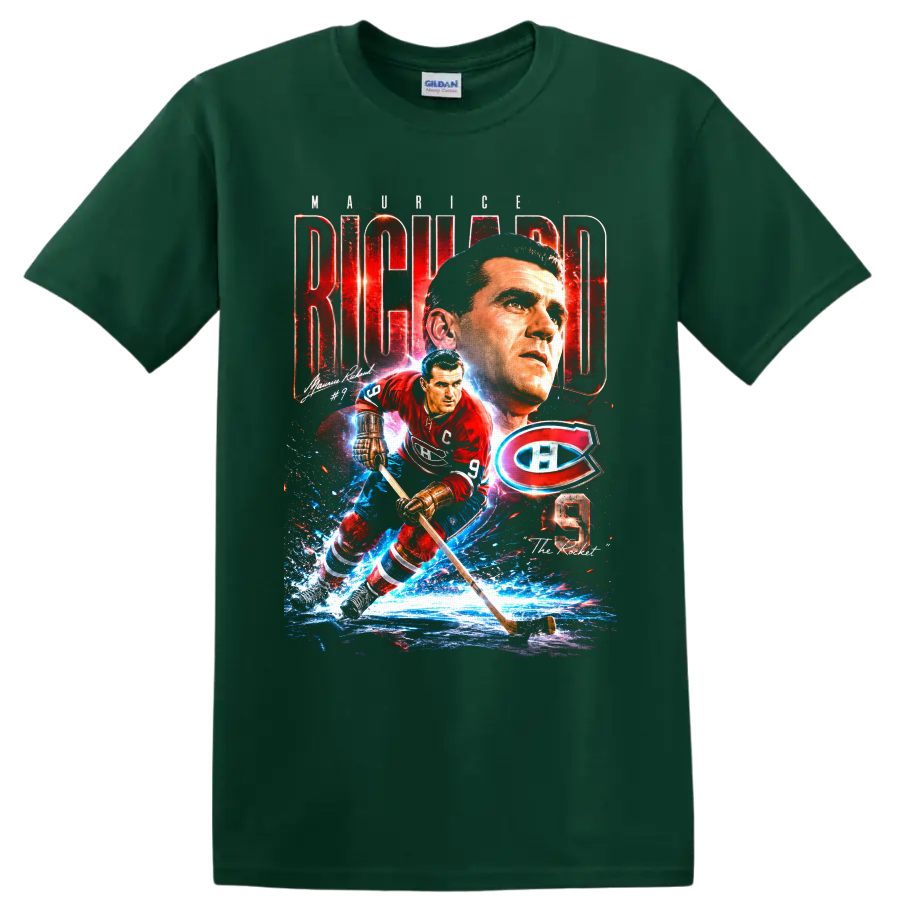 Maurice Richard No. 9 Montreal Canadiens hockey action tribute graphic on a Forest Green T Shirt