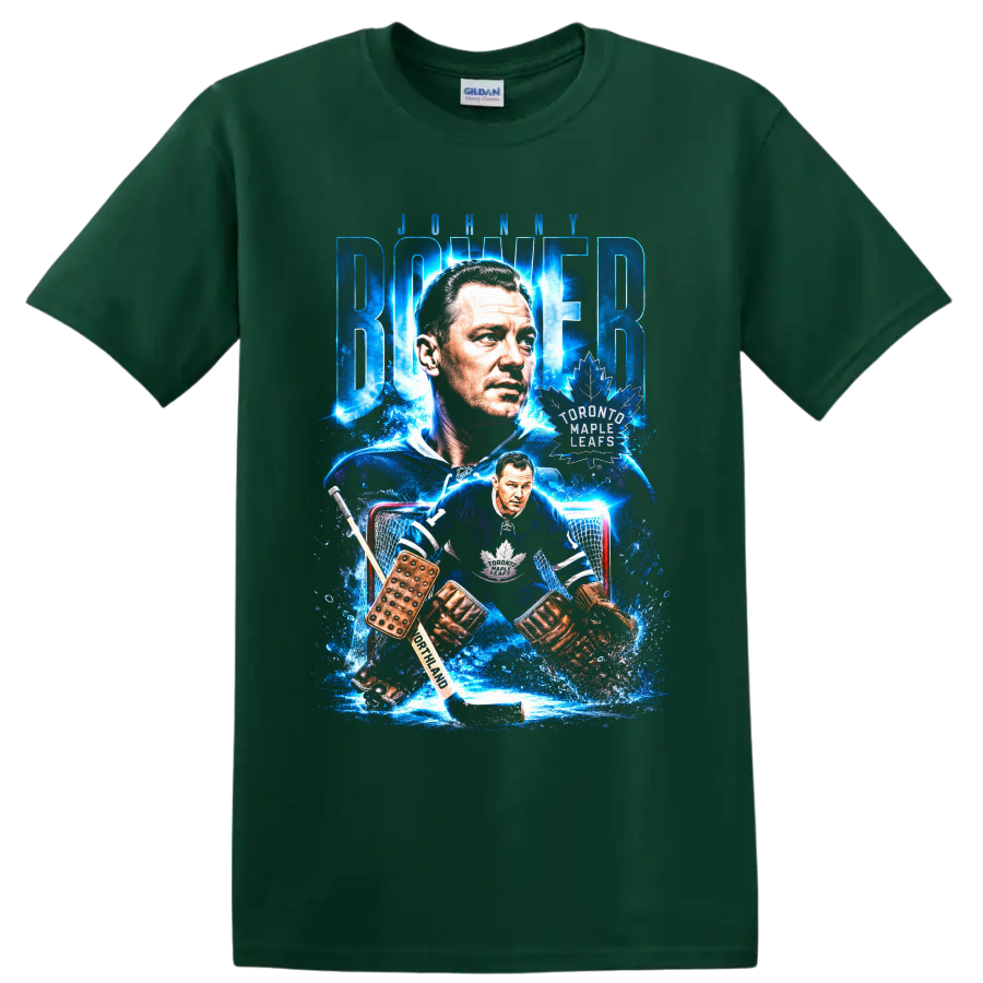 Johnny Bower Toronto Maple Leafs goalie portrait and vintage hockey action graphic on a Forest Green T Shirt