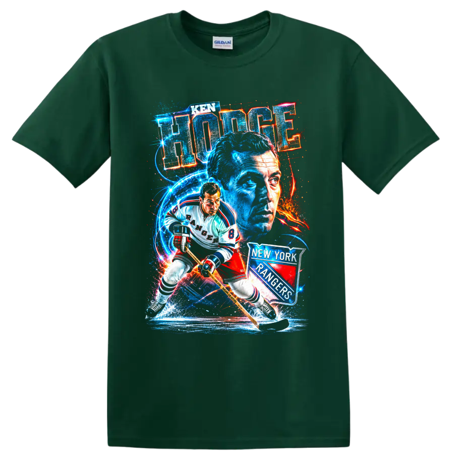 Ken Hodge New York Rangers number 8 hockey action and portrait graphic on a Forest Green T Shirt