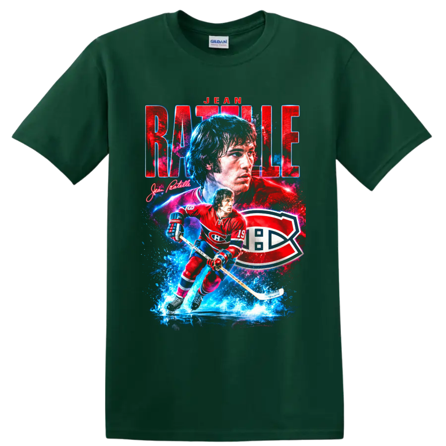 Jean Ratelle Montreal hockey portrait and skating player graphic with bold team-style on a Forest Green T Shirt