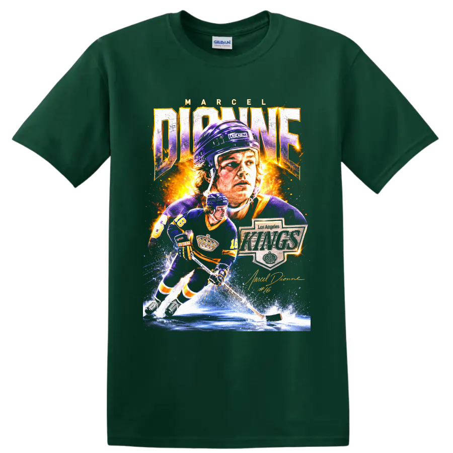 Marcel Dionne Los Angeles Kings hockey collage with number 16 and signature on a Forest Green T Shirt